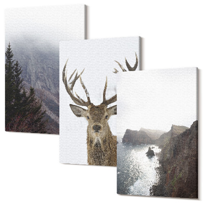 Set tablouri canvas triptic Peisaj montan cu ceață, apă și căprioare