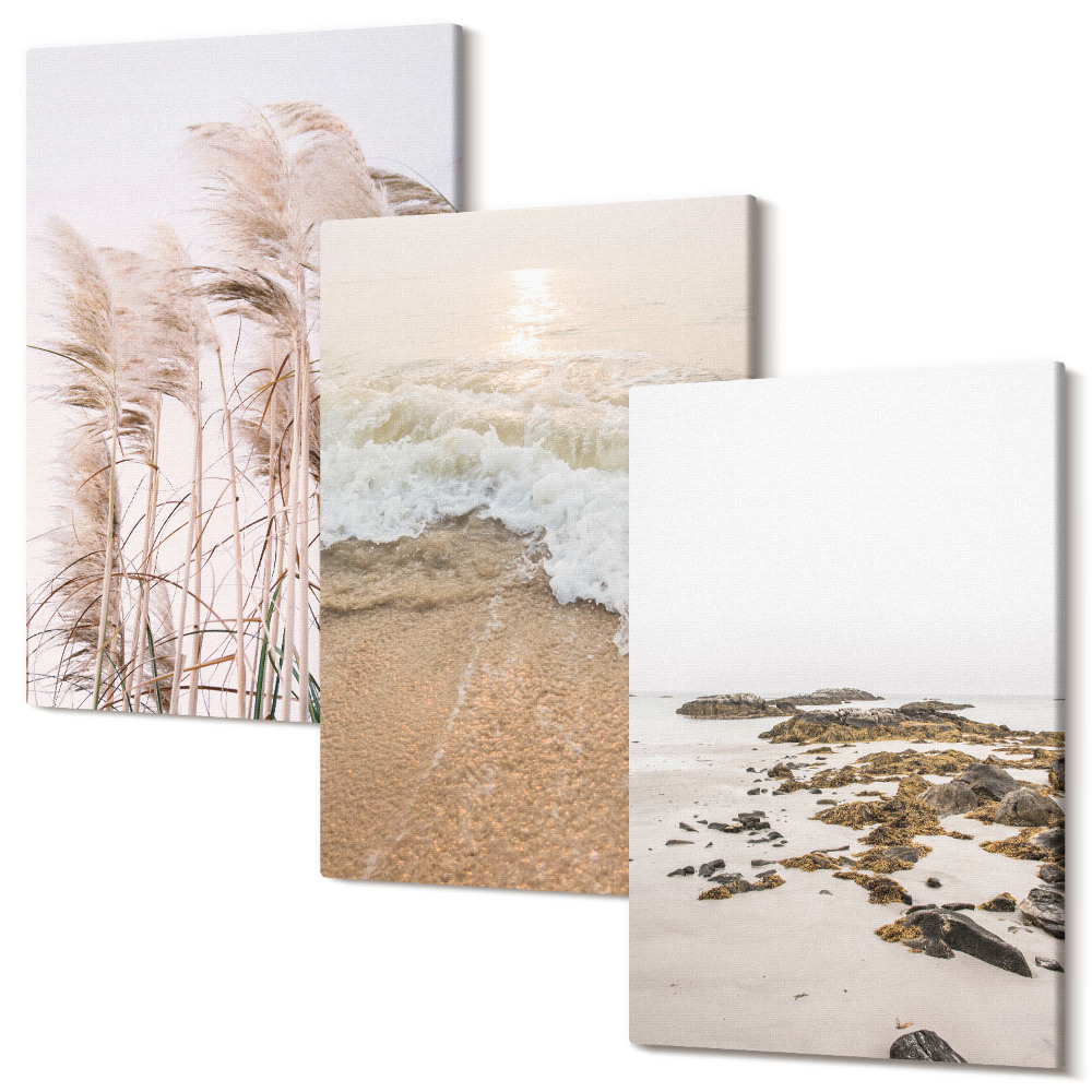 Tablou 3 piese Valuri de iarbă de plajă și pietre de la malul mării boho