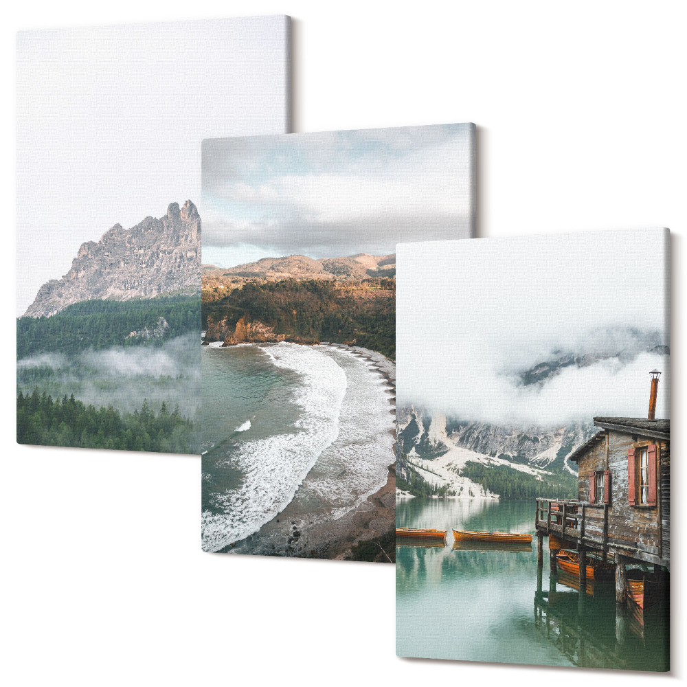 Set tablouri canvas triptic Peisaje montane cu o plajă și o casă de lemn
