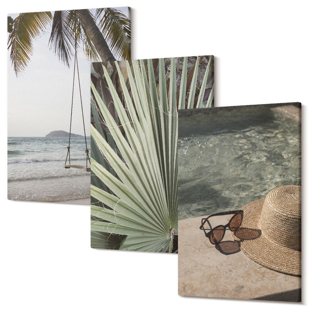 Tablou 3 piese Vacanță pe plajă cu leagăn de frunze de palmier