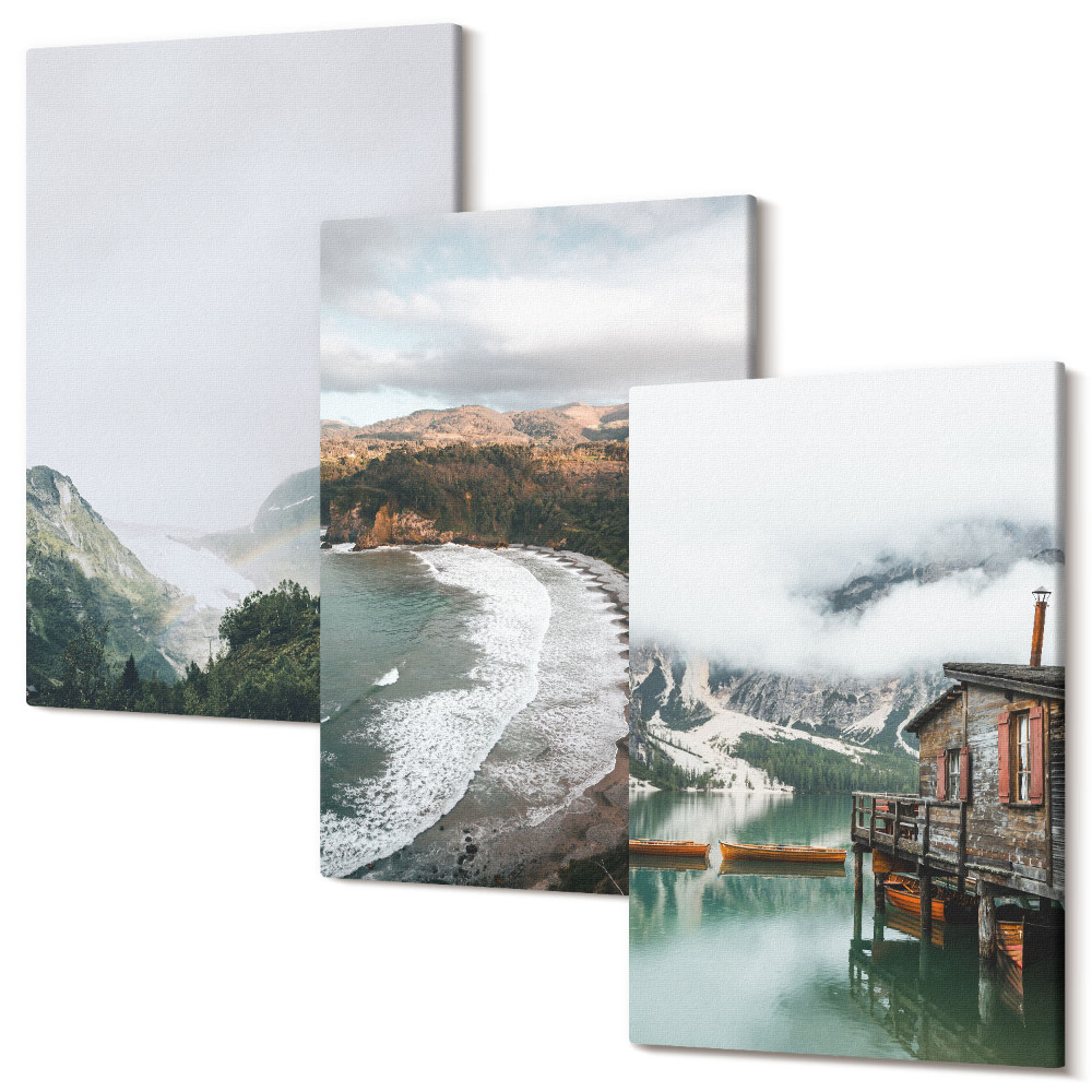 Set tablouri canvas triptic Vedere la munte și plajă cu nori și apă