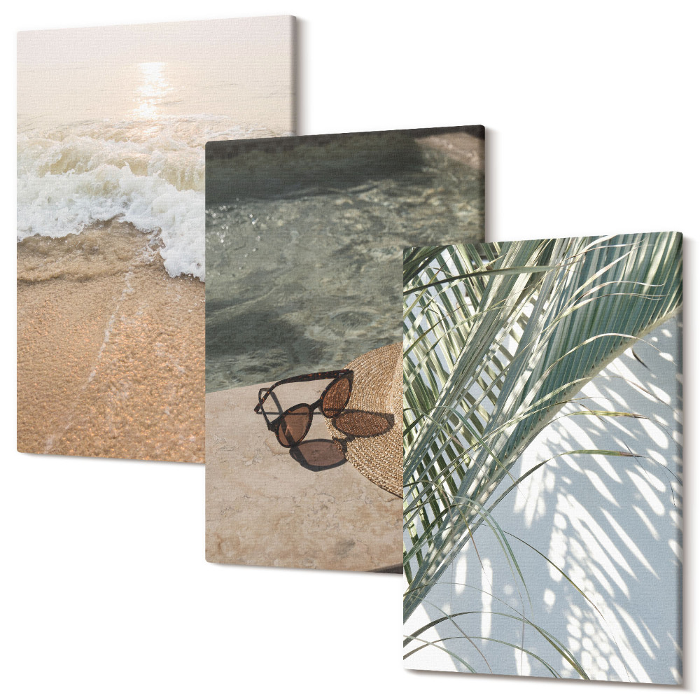 Tablou canvas set triptic Pălărie de plajă cu apă și frunze de ochelari de soare