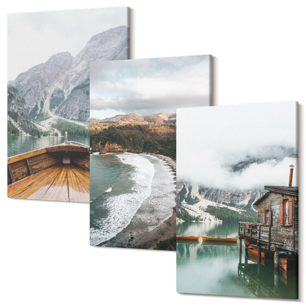 Tablou 3 piese Vedere la munți peste lac cu o barcă și un peisaj de plajă