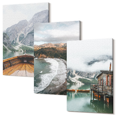 Tablou 3 piese Vedere la munți peste lac cu o barcă și un peisaj de plajă