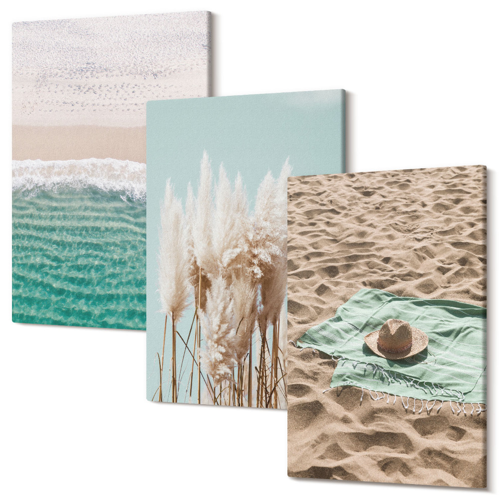 Set tablouri canvas triptic plaja valuri iarba palarie nisip relaxare natura