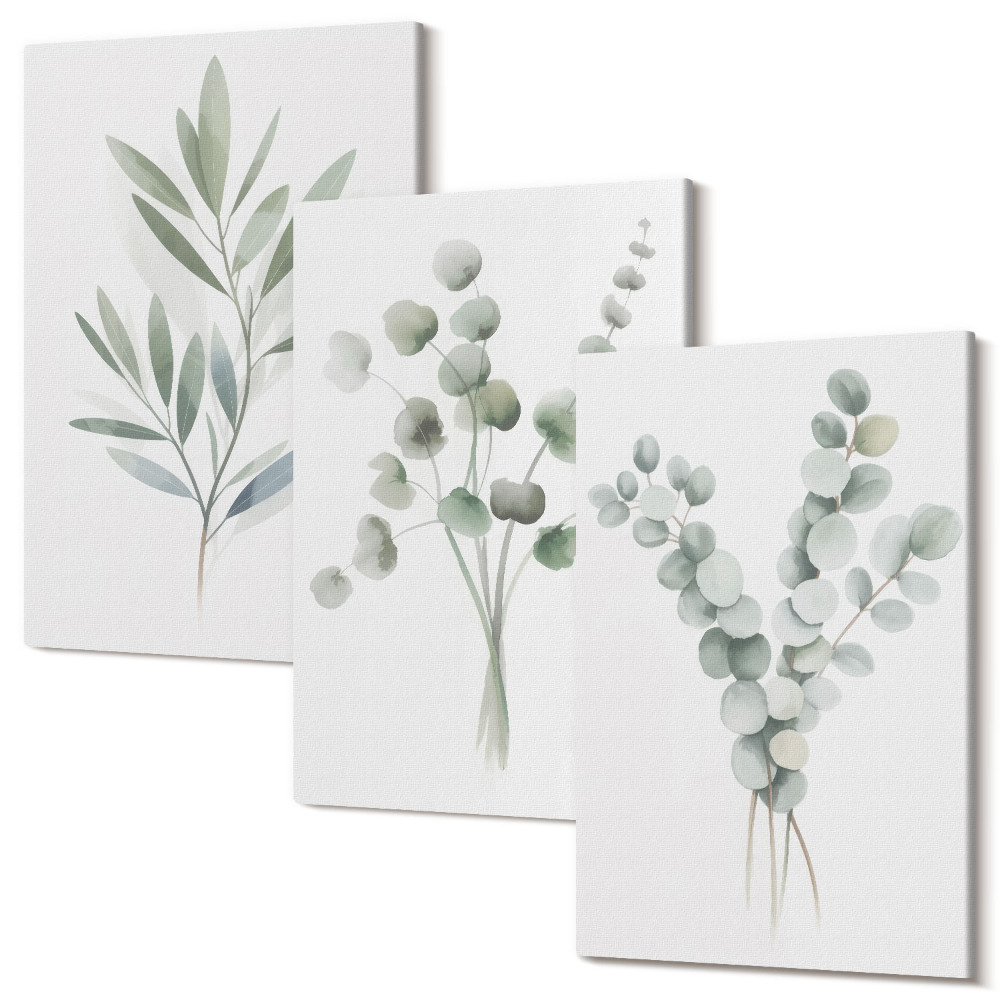 Set tablouri canvas triptic Modele de plante în nuanțe de verde și gri