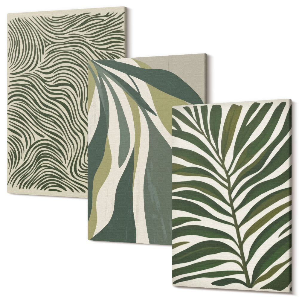 Tablou canvas set triptic Modele de frunze și linii ondulate în nuanțe de verde