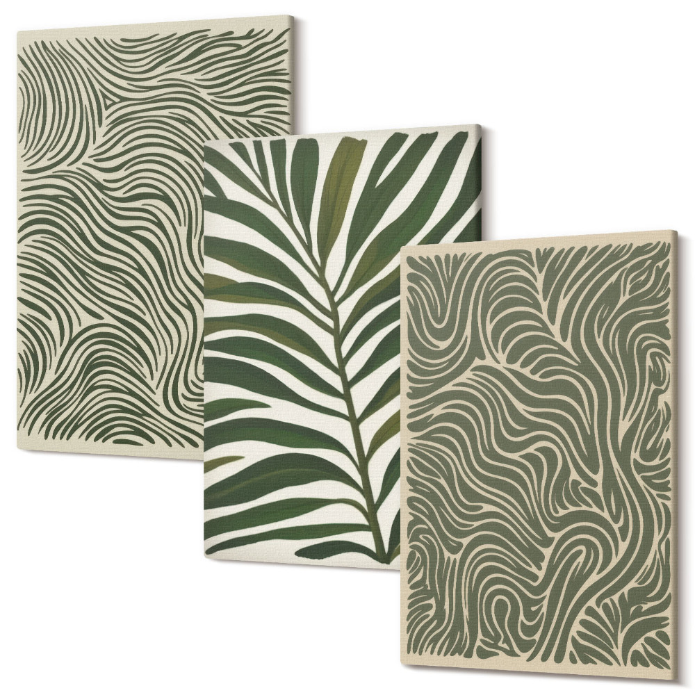 Set tablouri canvas triptic Modele abstracte cu frunze și forme ondulate
