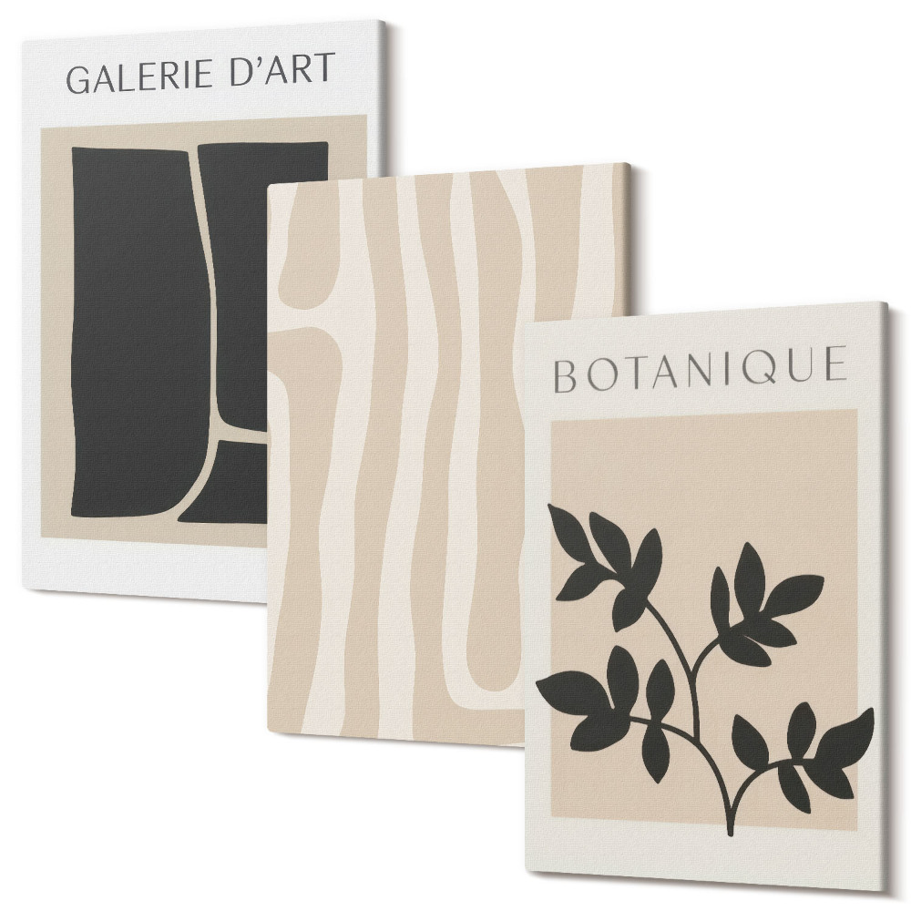 Tablou canvas set triptic Forme abstracte și motive vegetale în tonuri neutre