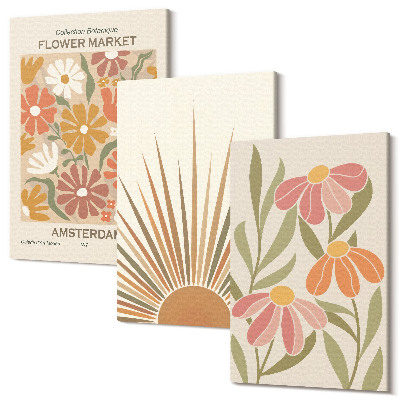 Tablou 3 piese Flori în culori pastelate cu raze de soare