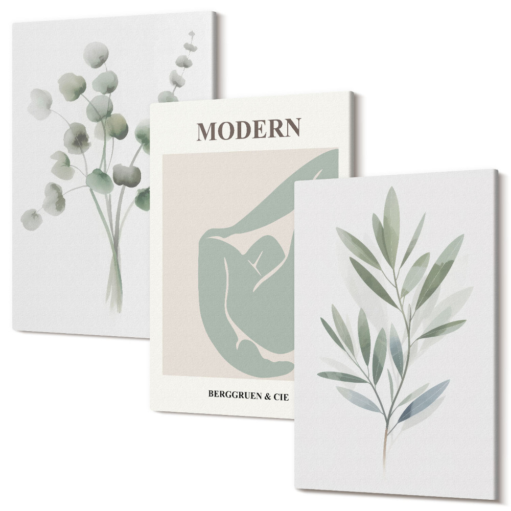 Tablou canvas set triptic Motive vegetale în nuanțe delicate de verde