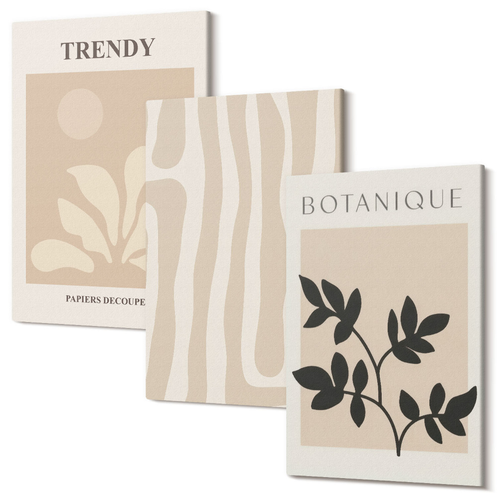 Tablou canvas set triptic Modele de plante elegante în nuanțe de bej și negru
