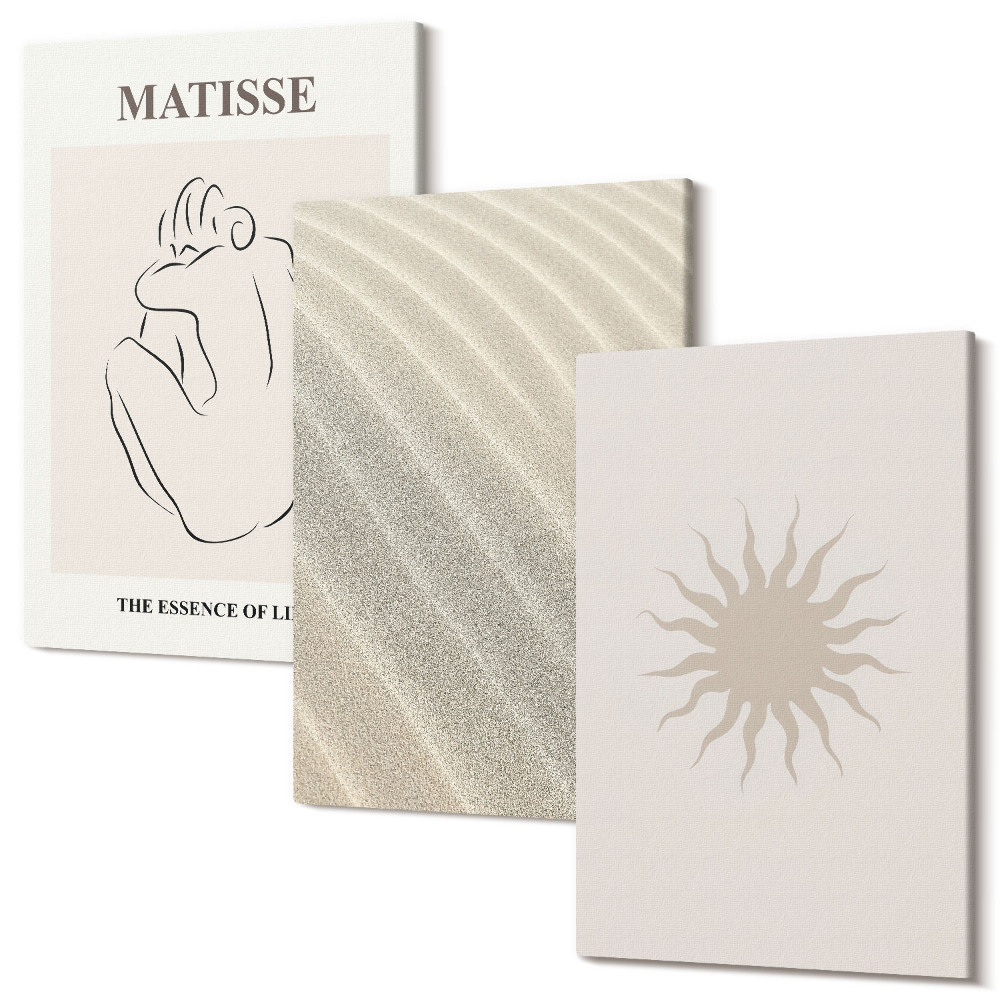 Set tablouri canvas triptic Linii minimaliste, nisip, valuri și soare