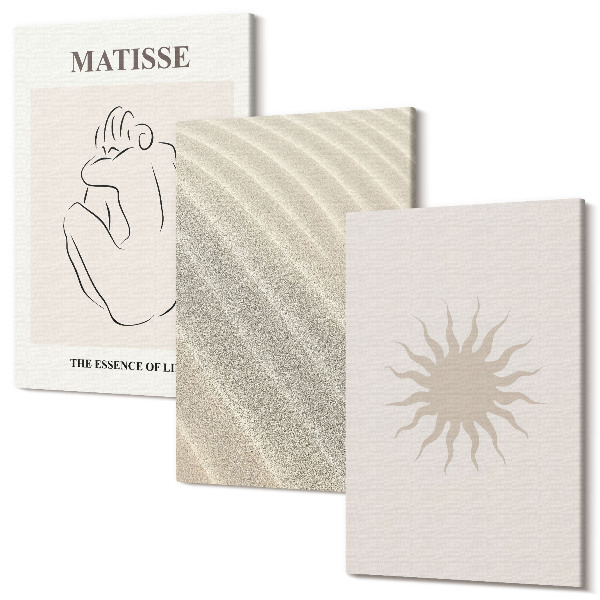 Set tablouri canvas triptic Linii minimaliste, nisip, valuri și soare
