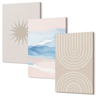 Set tablouri canvas triptic Soare, valuri și linii abstracte în culori pastelate