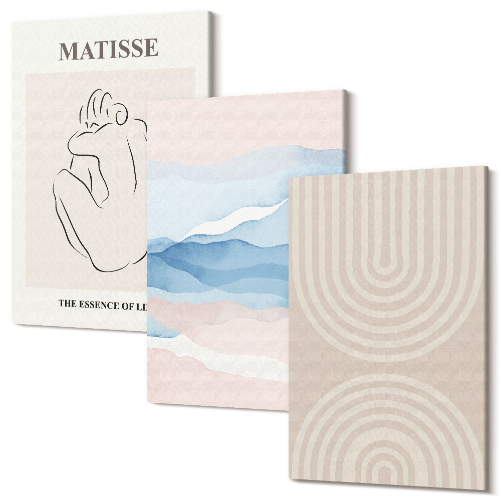 Tablou canvas set triptic Linii și valuri în nuanțe pastelate cu un accent minimalist