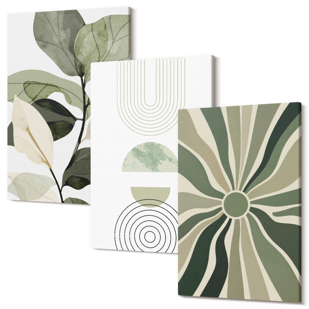 Set tablouri canvas triptic Motive vegetale cu forme geometrice în verde