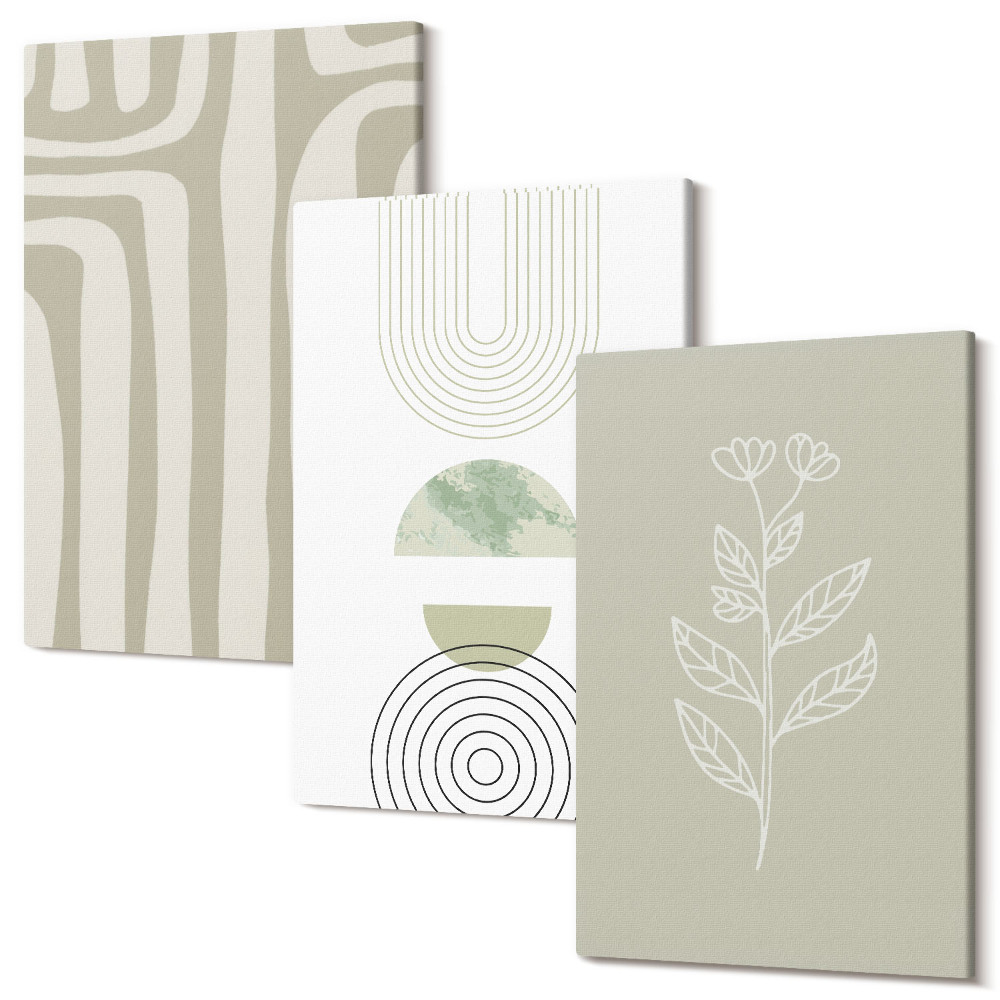 Tablou canvas set triptic Modele geometrice cu accente de plante în nuanțe de verde