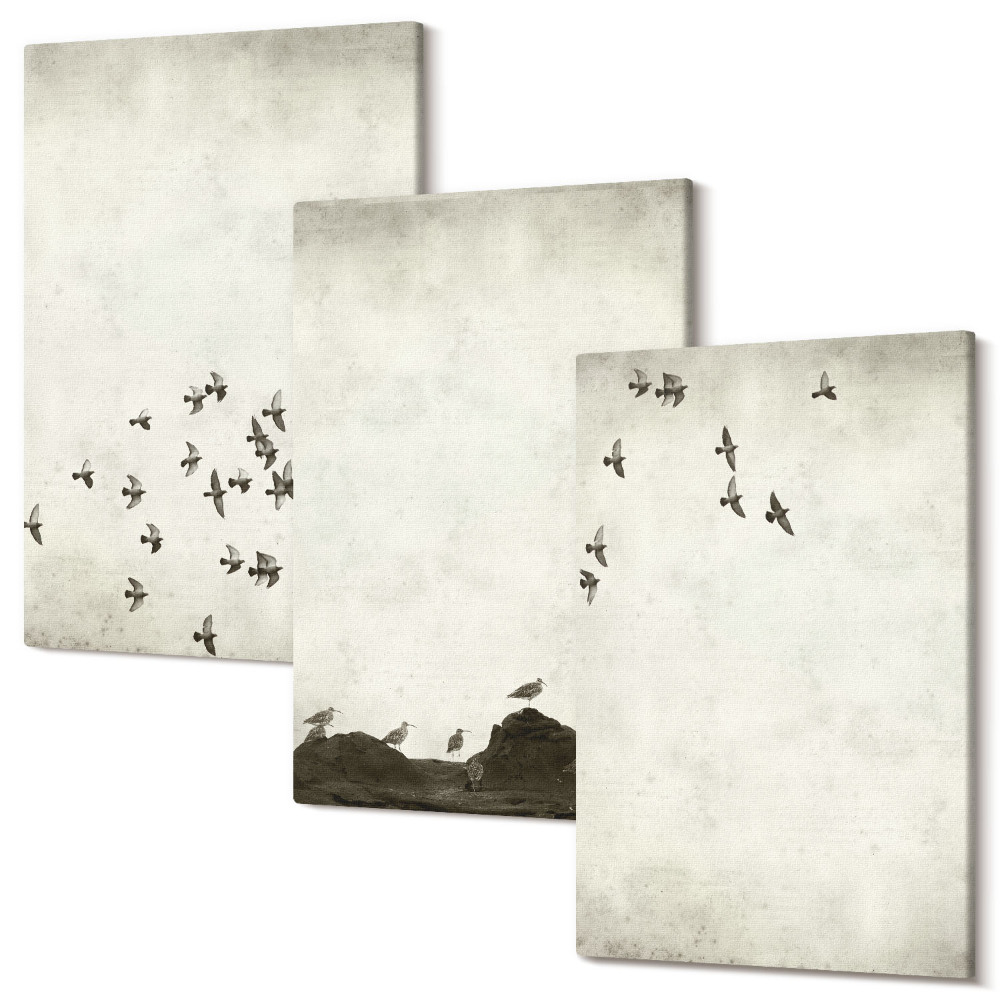 Tablou 3 piese Păsări în zbor pictate în stil minimalist