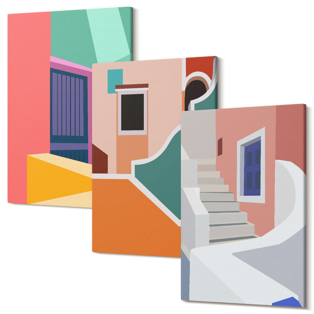 Set tablouri canvas triptic Ilustrații colorate ale clădirilor în stil modern