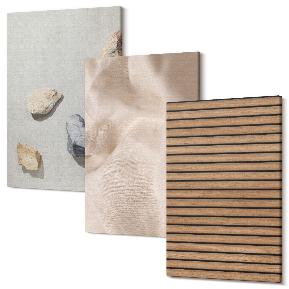 Tablou 3 piese Pietre, lemn, stofa, diverse texturi