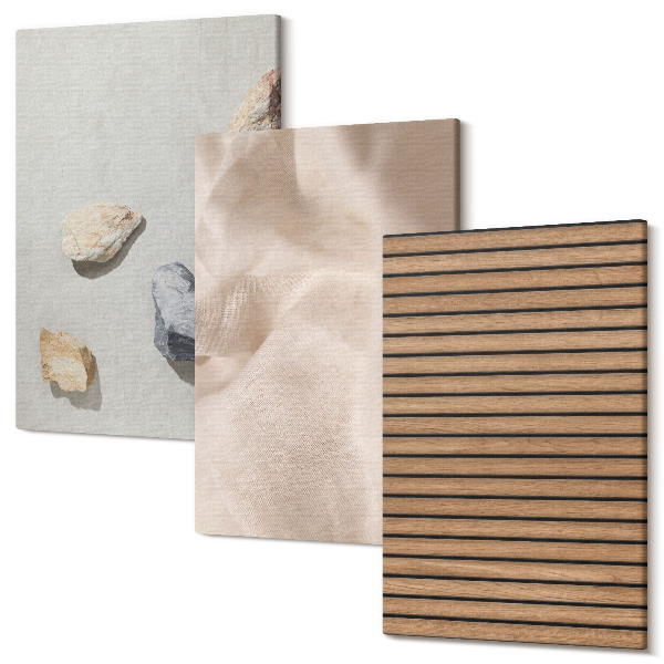 Tablou 3 piese Pietre, lemn, stofa, diverse texturi