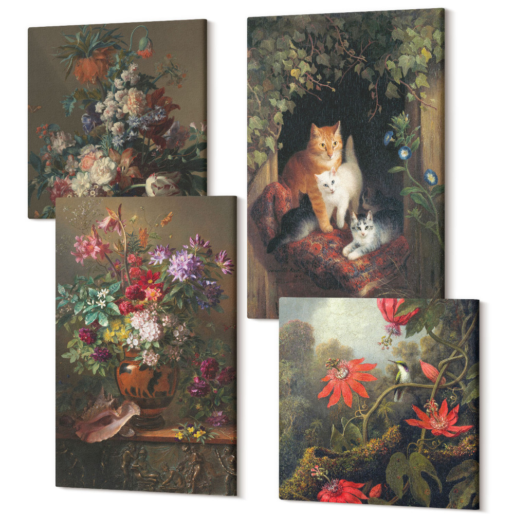 Tablouri canvas set 4 piese Flori de epocă, pisici și plante în natură