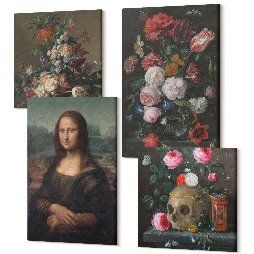 Tablouri canvas set 4 piese Portret cu craniu cu flori de epocă și Mona Lisa de Leonardo da Vinci