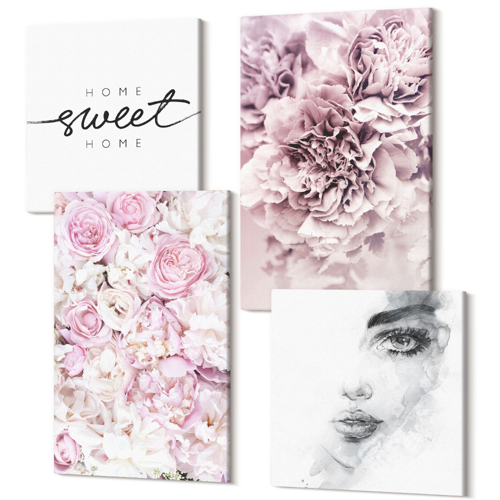 Tablou 4 piese Portretul de bujori delicat al unei femei acasă, dulce casă