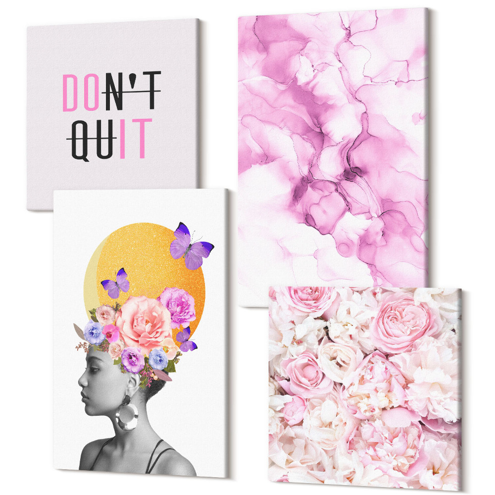 Tablou 4 piese Inscripție inspirațională flori portret abstract al unei femei