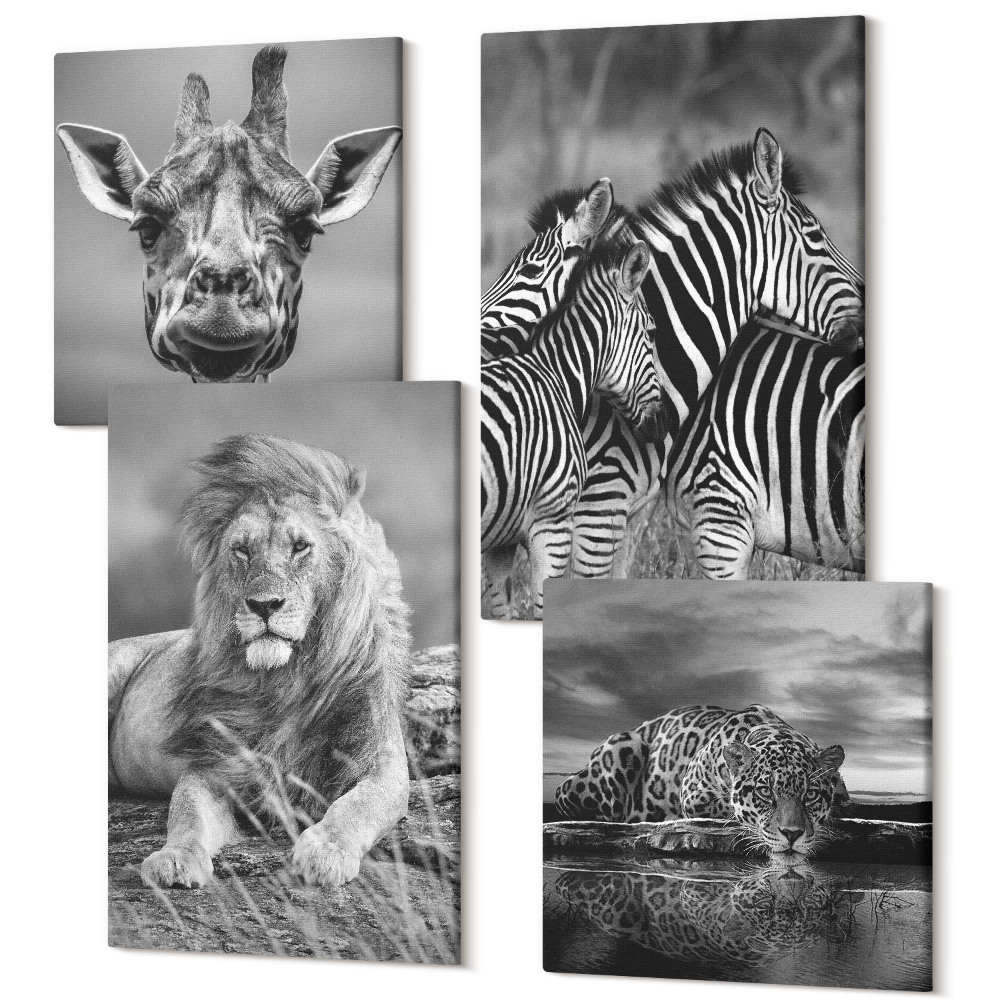Tablouri canvas set 4 piese Animale sălbatice leu jaguar girafă și zebre