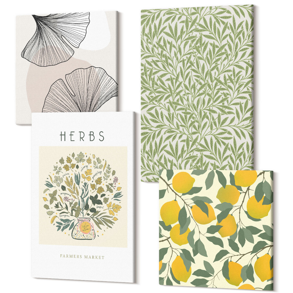 Tablouri multicanvas 4 piese Motive de lămâie cu ierburi și frunze de plante