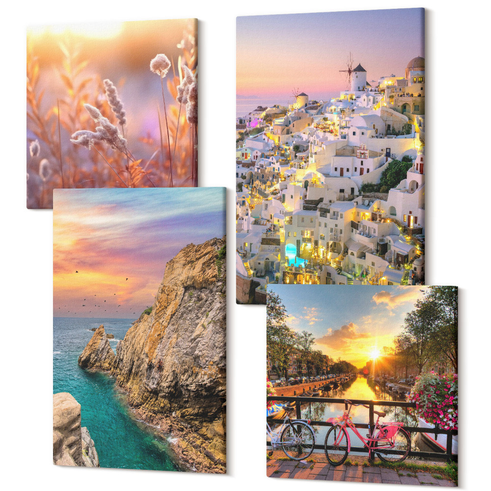 Tablou 4 piese Vedere la mare cu apus și oraș