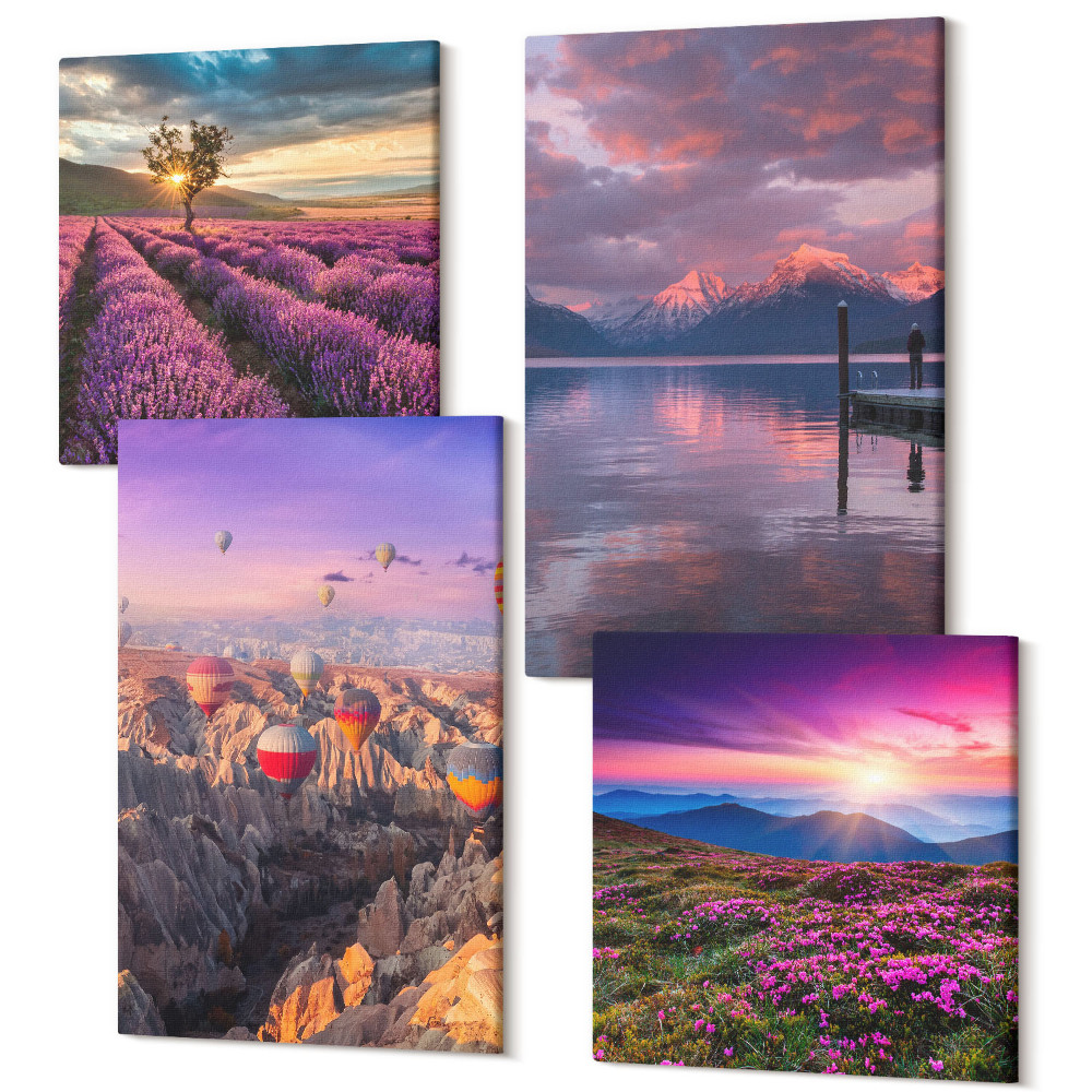 Tablou 4 piese Peisaj cu câmpuri de lavandă și apus de soare