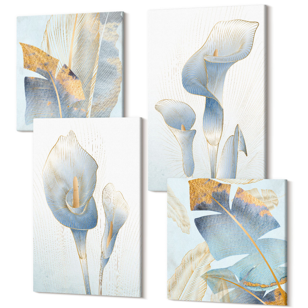 Tablou 4 piese Flori și frunze albastre delicate pe un fundal deschis