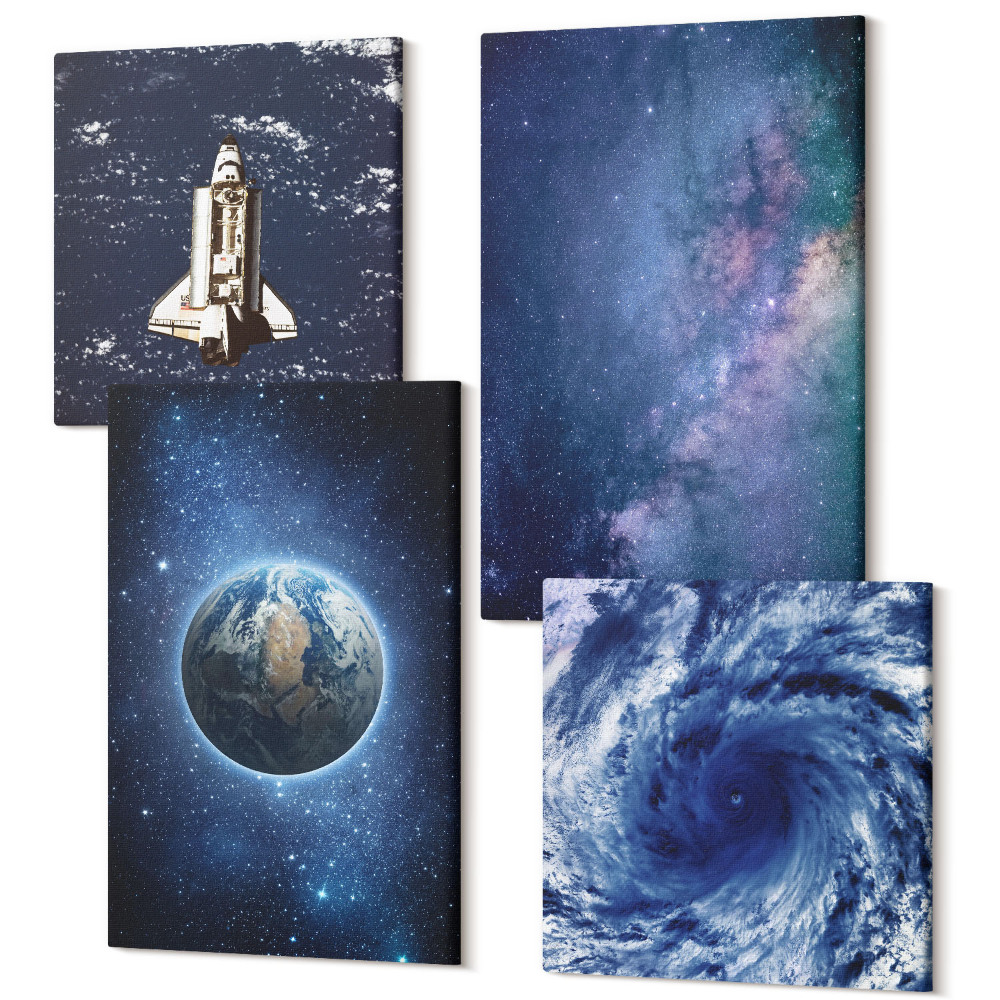 Tablouri multicanvas 4 piese Pământ în spațiu, furtună și galaxie de stele