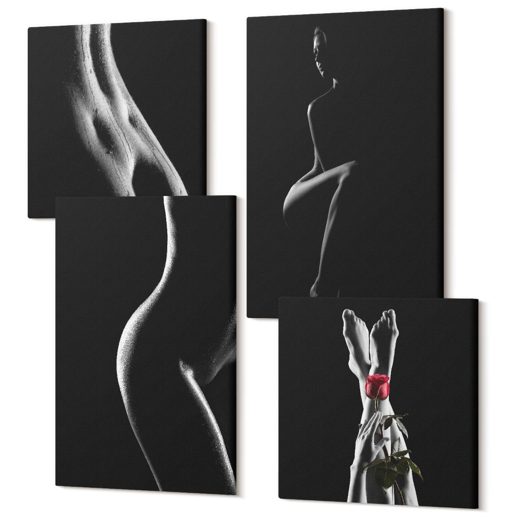 Tablou 4 piese Siluete feminine alb-negru erotice