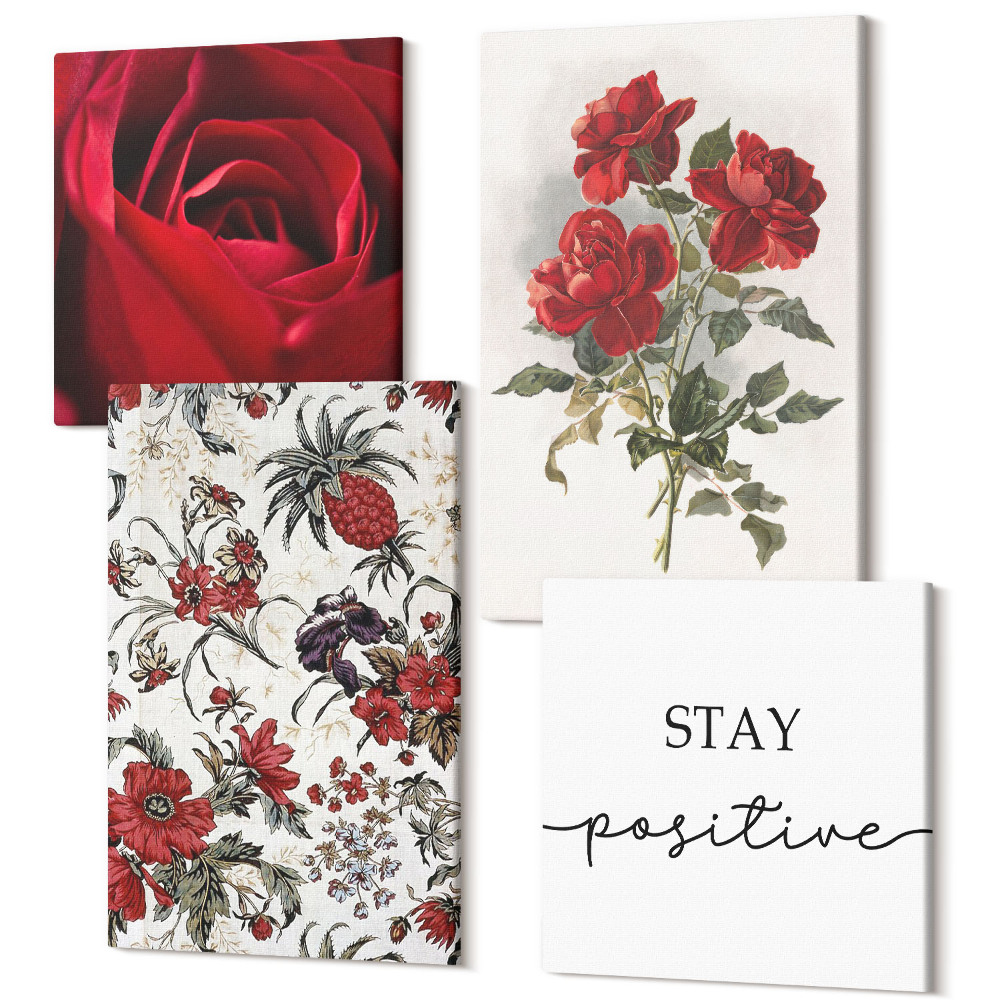 Tablouri canvas set 4 piese Flori de trandafiri rosii si o inscriptie inspirata