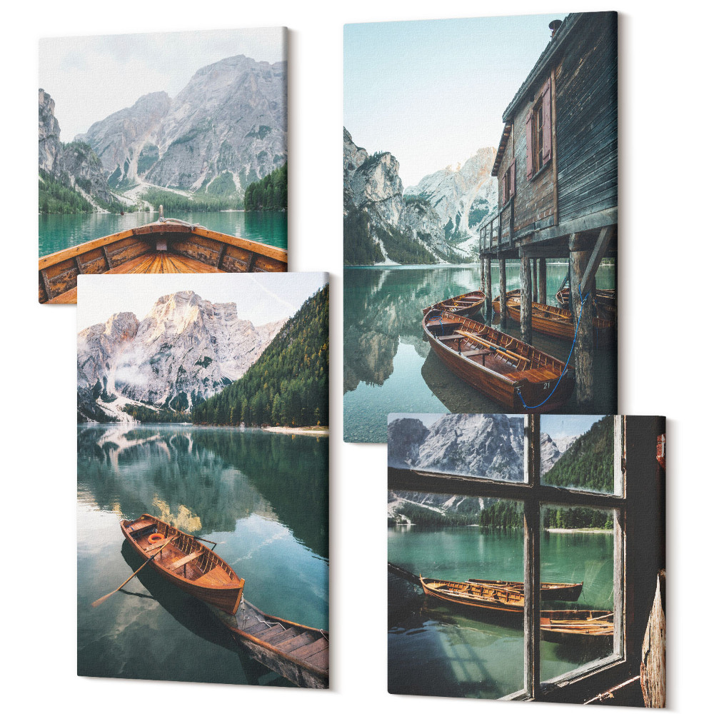 Tablou 4 piese Vedere la un lac de munte cu bărci și o casă lângă apă