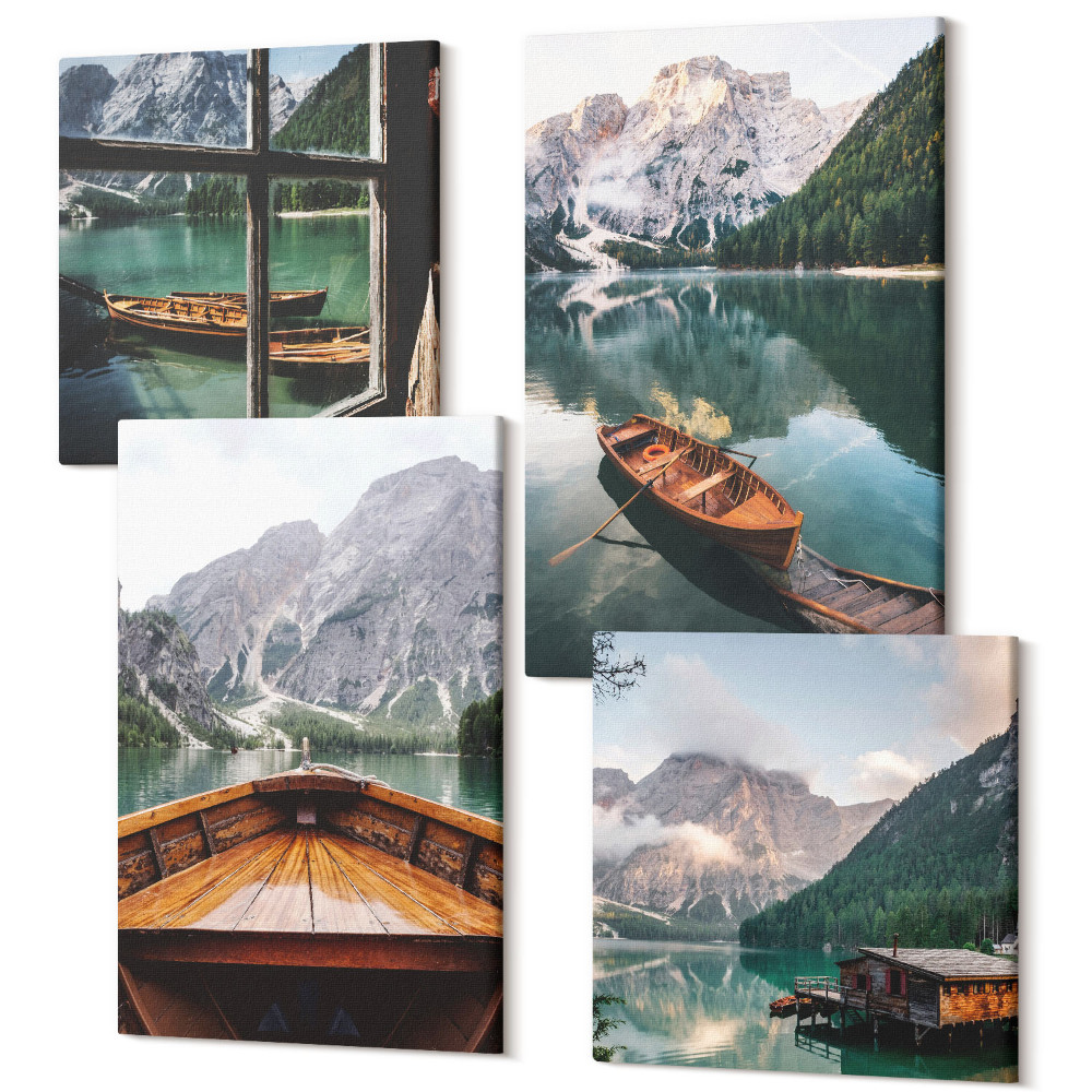 Tablouri canvas set 4 piese Vedere asupra unui lac de munte cu bărci, o colibă ​​și o fereastră