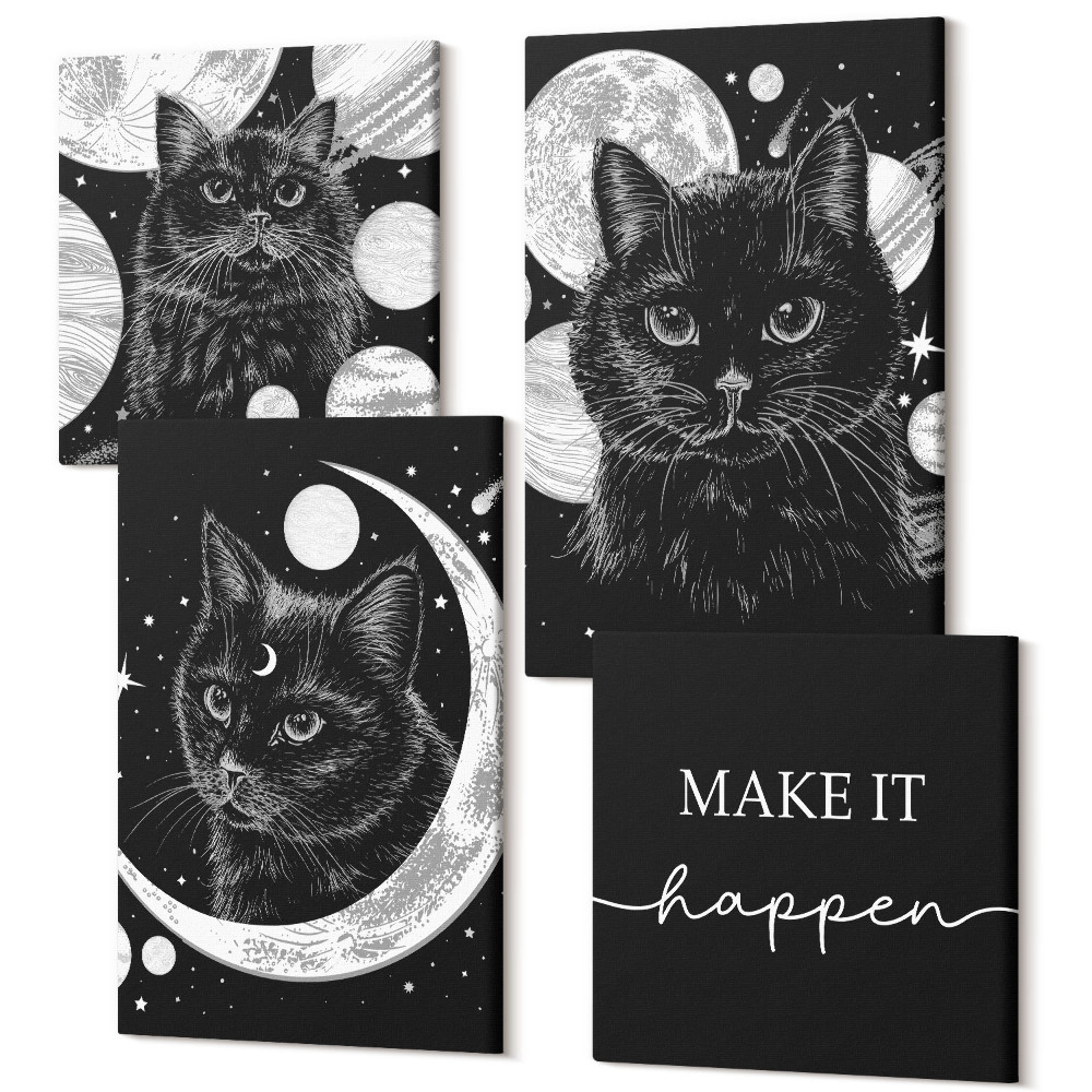 Tablou 4 piese Pisici negre pe fundalul lunii și planetelor din spațiu