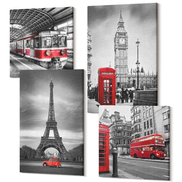 Tablouri canvas set 4 piese Autobuze roșii în peisajul urban