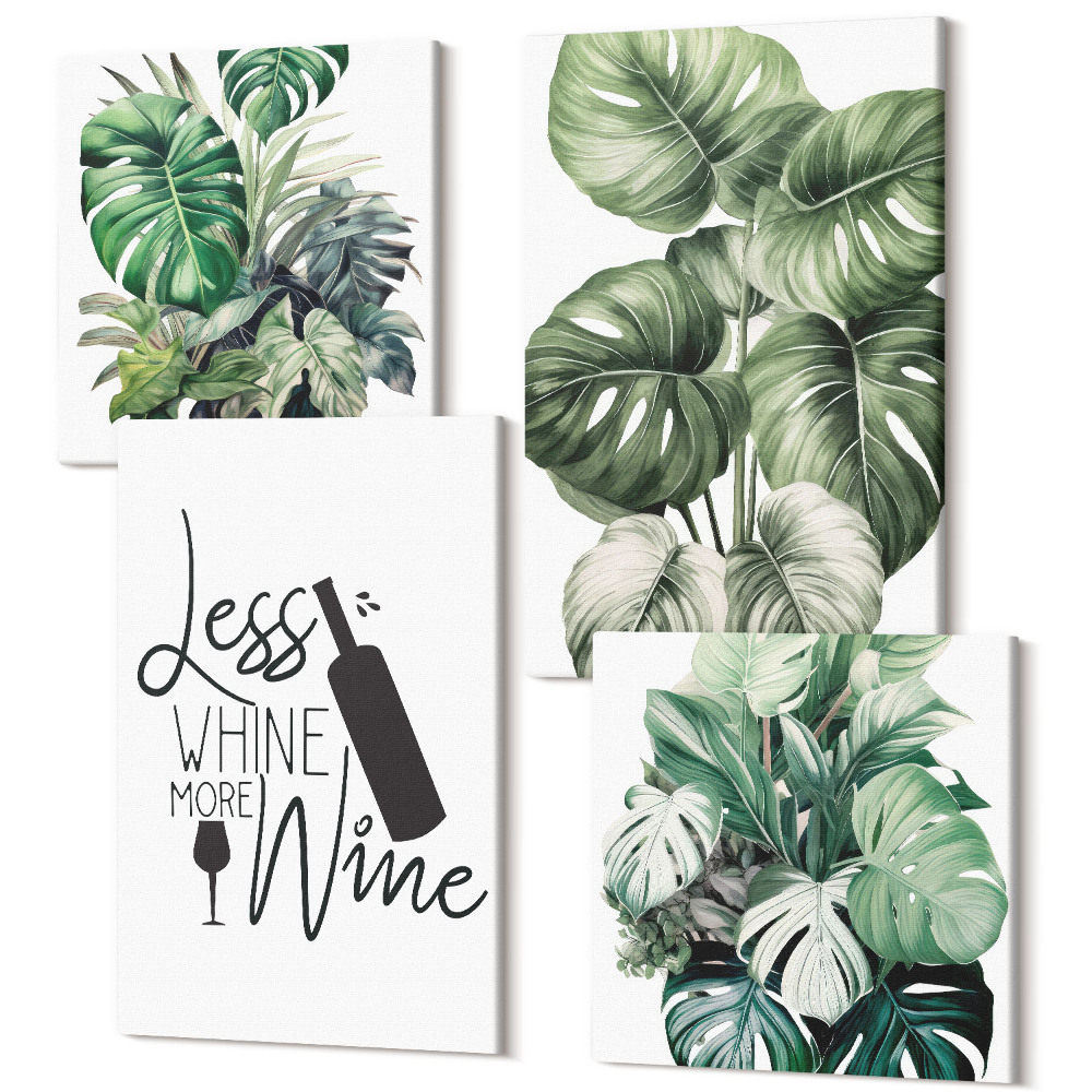 Tablouri canvas set 4 piese Plantați frunze în nuanțe de verde cu inscripția despre vin