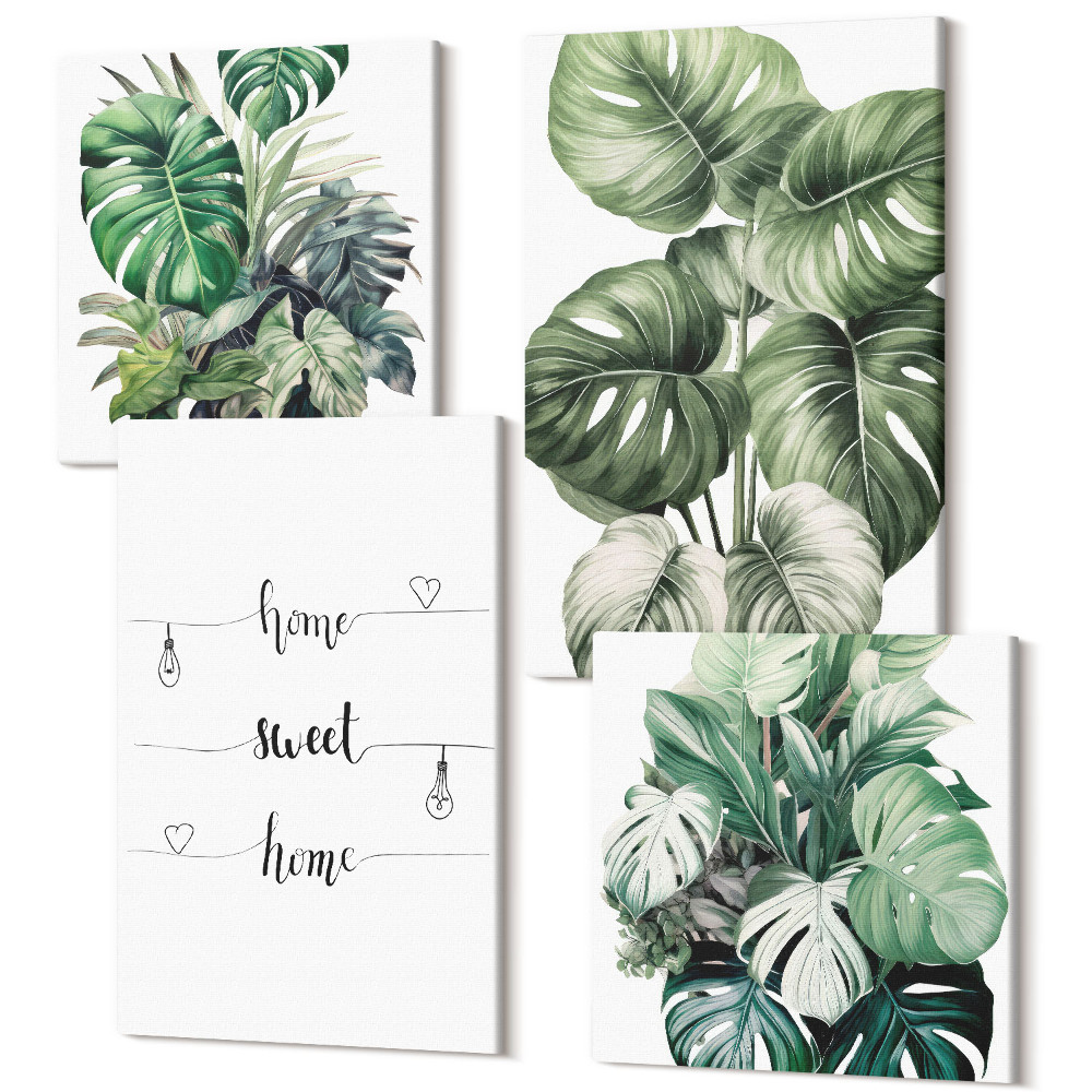 Tablouri canvas set 4 piese Acuarelă Monstera Leaves Home Sweet Home