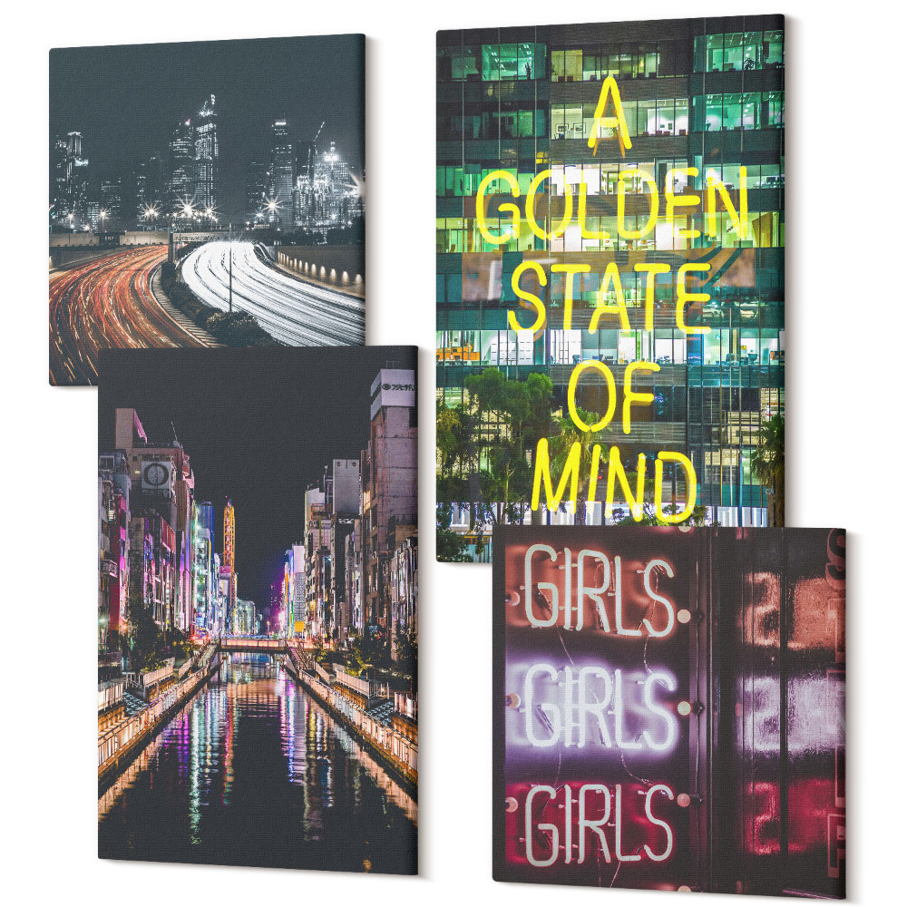 Tablouri canvas set 4 piese Semne cu neon pentru orașe peisajele urbane de noapte
