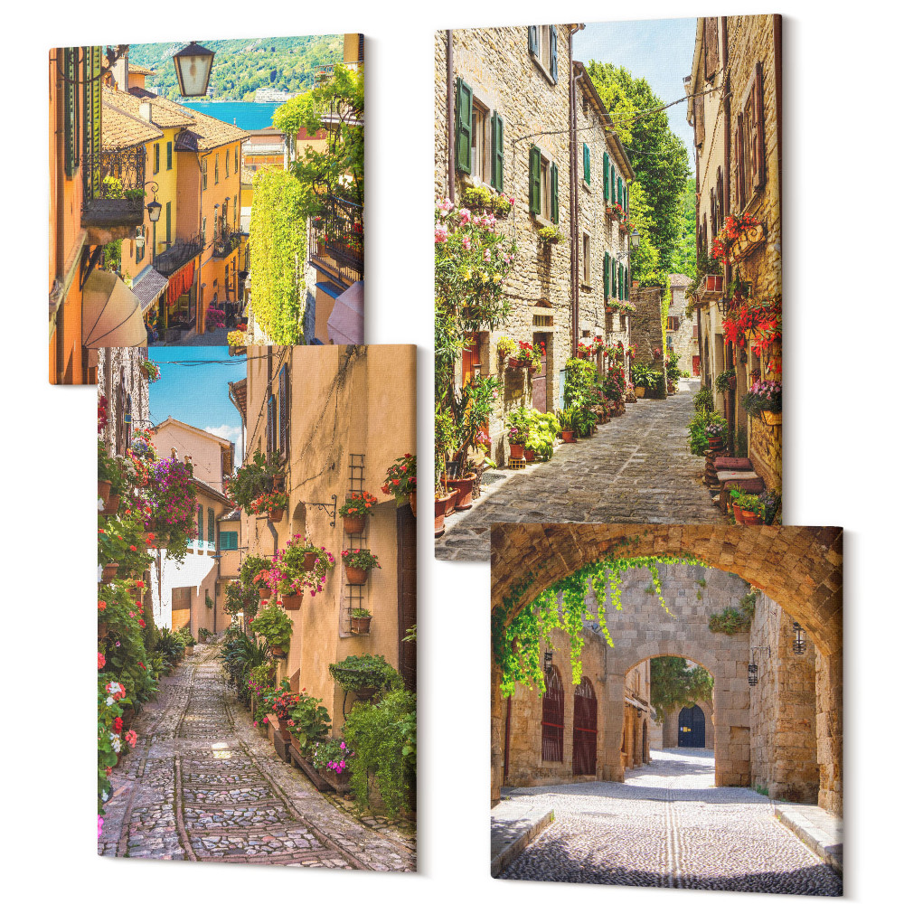 Tablou 4 piese Străzi italiene cu flori și arhitectură peisagistică