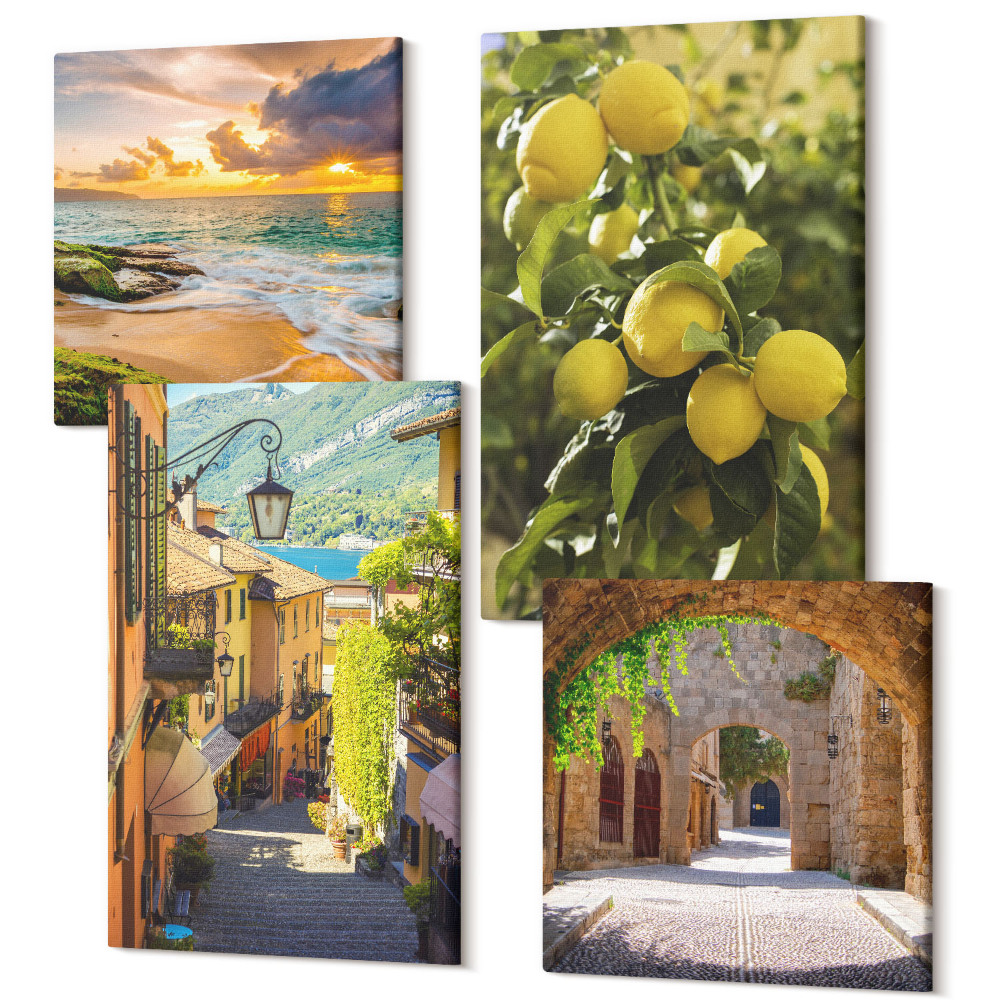 Tablou 4 piese Străzi pitorești, mare, plajă și citrice