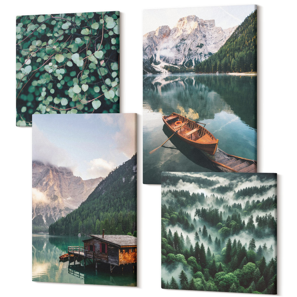 Tablouri multicanvas 4 piese Peisaje montane cu un lac, o barcă și o pădure în ceață