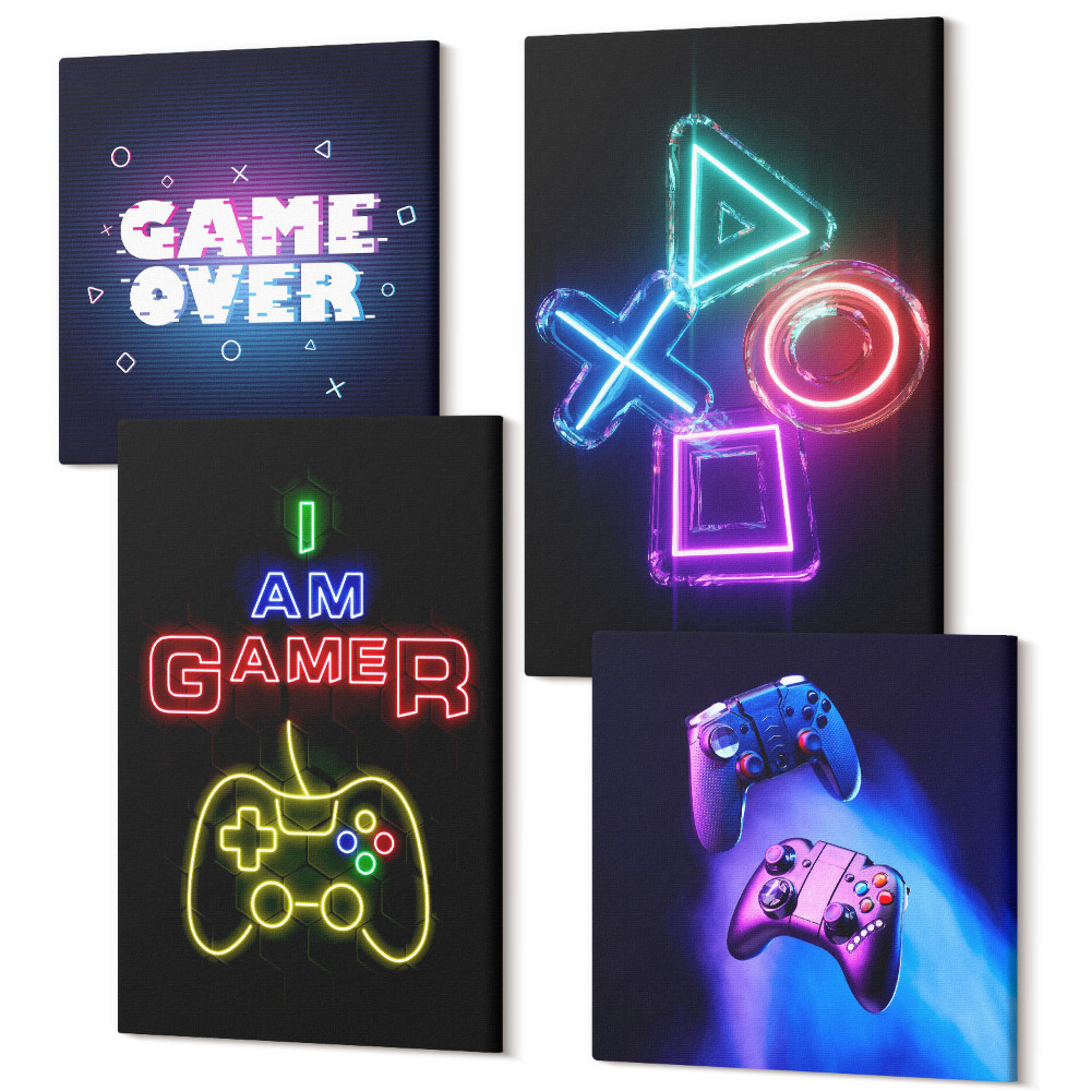 Tablou 4 piese Gamepad-uri, subtitrări pentru jucători, pictograme