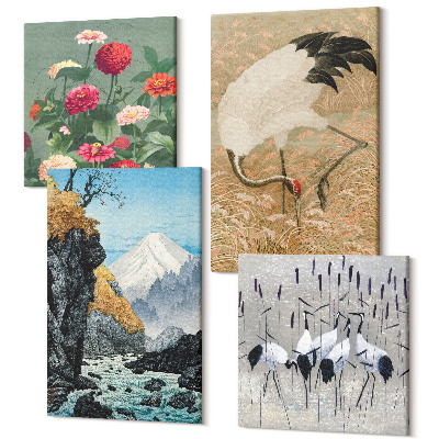 Tablouri canvas set 4 piese Munți în peisaj, râu, flori și macarale în iarbă